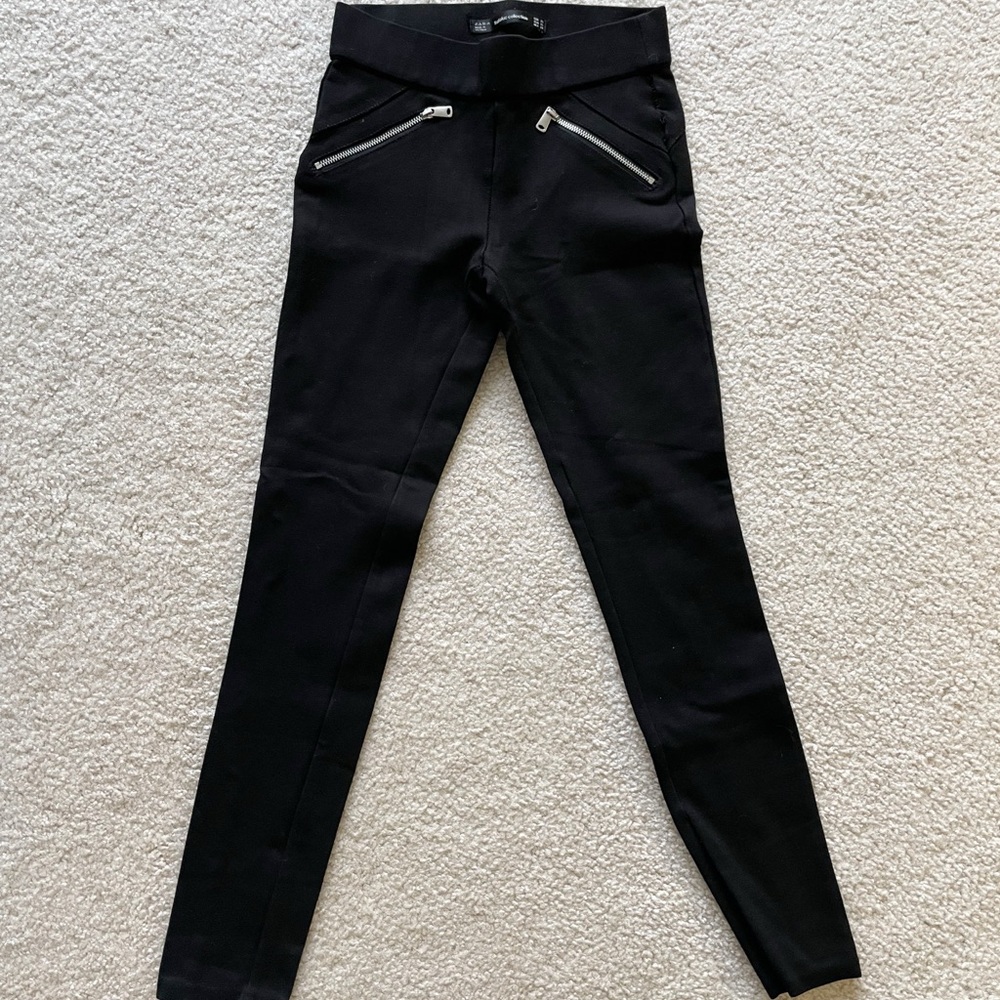 Zara Black Skinny Pants with Silver Zipper Details